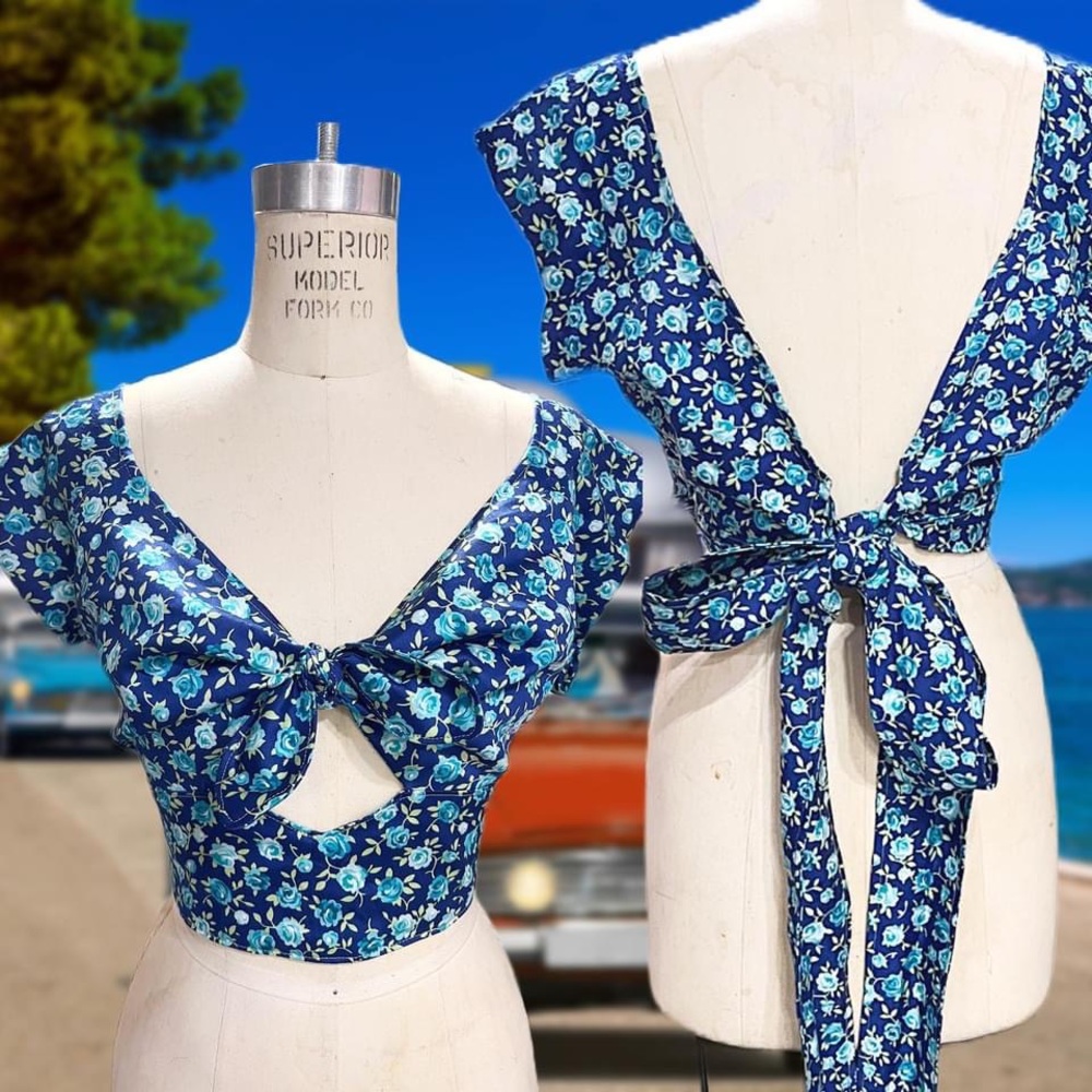Blue Rose Floral Keyhole Wrap Crop Top
